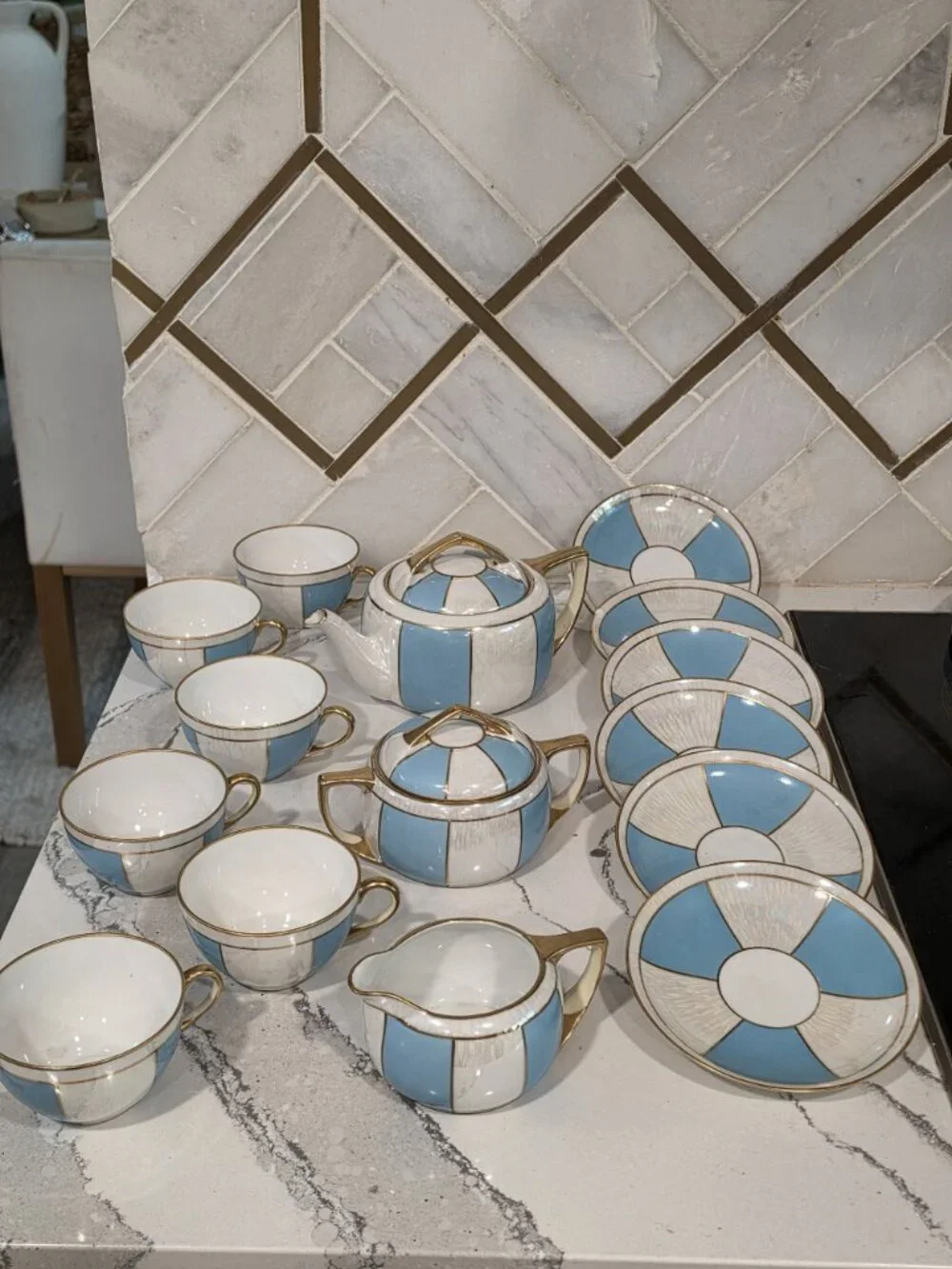 Noritake Tea Set 15-Piece Blue White Pearlescent w/ gold Porcelain Made In Japan